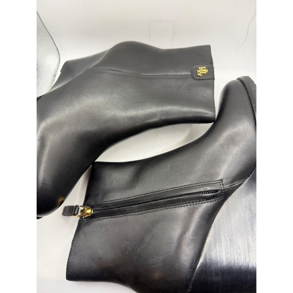 Lauren Ralph Lauren Shaley Black Leather Wedge Ankle Boots Gold Logo Size 6B - Picture 5 of 7